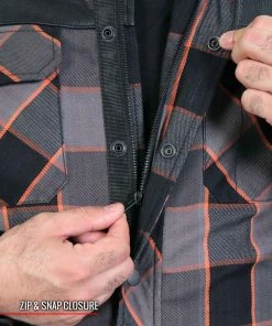 Motorcycle Jackets Hot Leathers JKM3202 Men's Grey Black And Orange Kevlar Reinforced Leather And Plaid Flannel Shirt