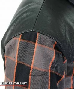 Motorcycle Jackets Hot Leathers JKM3202 Men's Grey Black And Orange Kevlar Reinforced Leather And Plaid Flannel Shirt