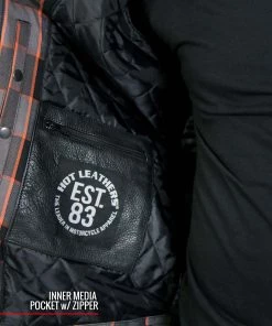 Motorcycle Jackets Hot Leathers JKM3202 Men's Grey Black And Orange Kevlar Reinforced Leather And Plaid Flannel Shirt