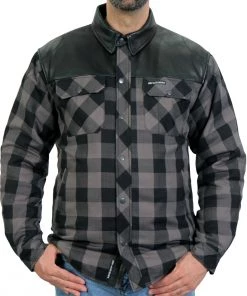 Hot Leathers JKM3203 Men's Grey And Black Kevlar Reinforced Leather And Plaid Flannel Shirt