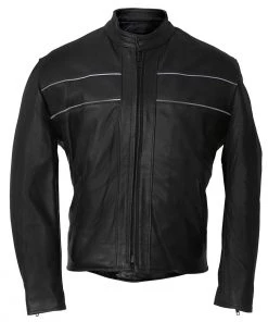 Hot Leathers JKM5003 Men’s USA Made Premium Black Leather Motorcycle Jacket With Reflective Piping