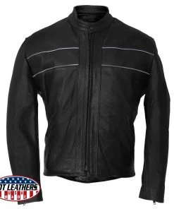 Hot Leathers JKM5003 Men’s USA Made Premium Black Leather Motorcycle Jacket With Reflective Piping