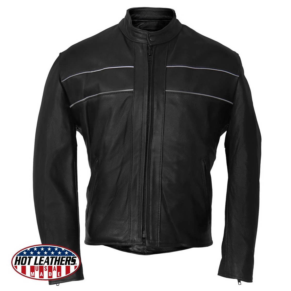 Hot Leathers JKM5003 Men’s USA Made Premium Black Leather Motorcycle Jacket With Reflective Piping