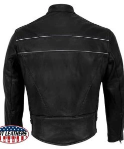 Hot Leathers JKM5003 Men’s USA Made Premium Black Leather Motorcycle Jacket With Reflective Piping