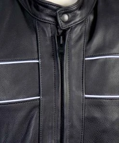 Hot Leathers JKM5003 Men’s USA Made Premium Black Leather Motorcycle Jacket With Reflective Piping