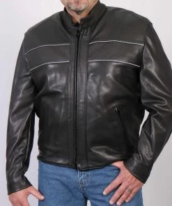 Hot Leathers JKM5003 Men’s USA Made Premium Black Leather Motorcycle Jacket With Reflective Piping