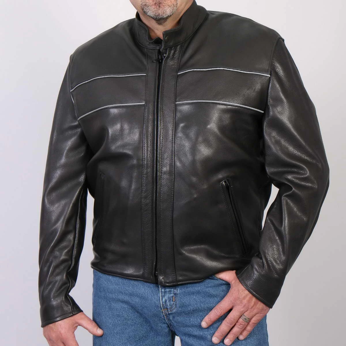 Hot Leathers JKM5003 Men’s USA Made Premium Black Leather Motorcycle Jacket With Reflective Piping