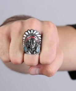 Hot Leathers JWR2116 Men's Painted Indian Chief Stainless Steel Ring