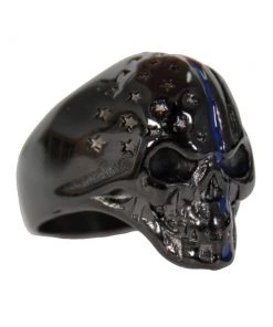 Hot Leathers JWR2130 Men's Black 'Police Flag Skull' Stainless Steel Ring