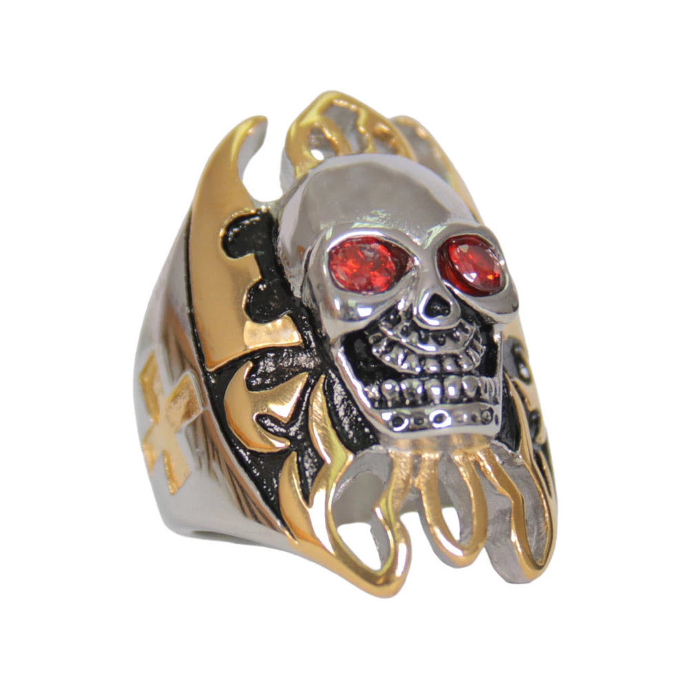 Hot Leathers JWR2220 Men's Silver 'Skull And Gold Tone Flames' Stainless Steel Ring