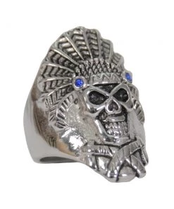 Riding Gear Hot Leathers JWR2221 Men's Silver 'Blue Stone Indian Headdress' Stainless Steel Ring