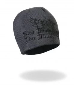 Riding Gear Hot Leathers KHB1000 Skull With Wings Grey Knit Cap