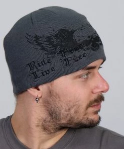 Riding Gear Hot Leathers KHB1000 Skull With Wings Grey Knit Cap