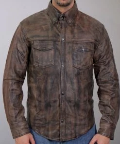 Leather Motorcycle Jackets Hot Leathers LCS1004 Mens Distressed Brown Leather Concealed Carry Shirt