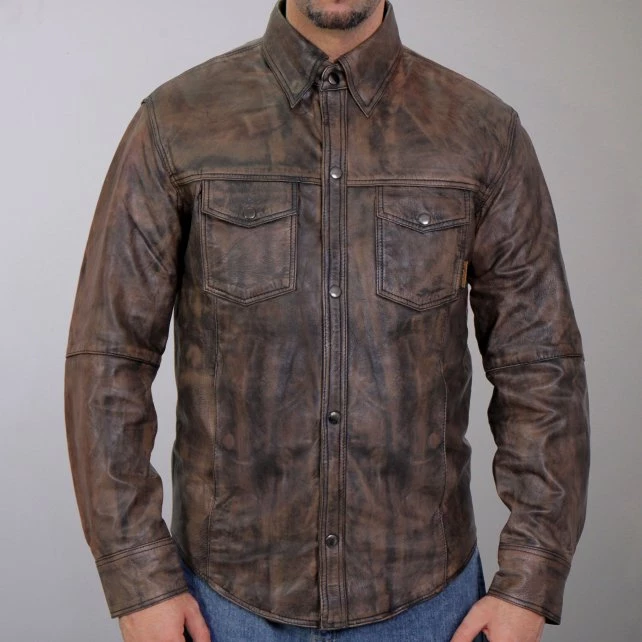 Leather Motorcycle Jackets Hot Leathers LCS1004 Mens Distressed Brown Leather Concealed Carry Shirt