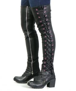 Motorycle Pants & Chaps Hot Leathers LCU1005 Ladies Black Lambskin Leather Leggings With Pink Side Lace