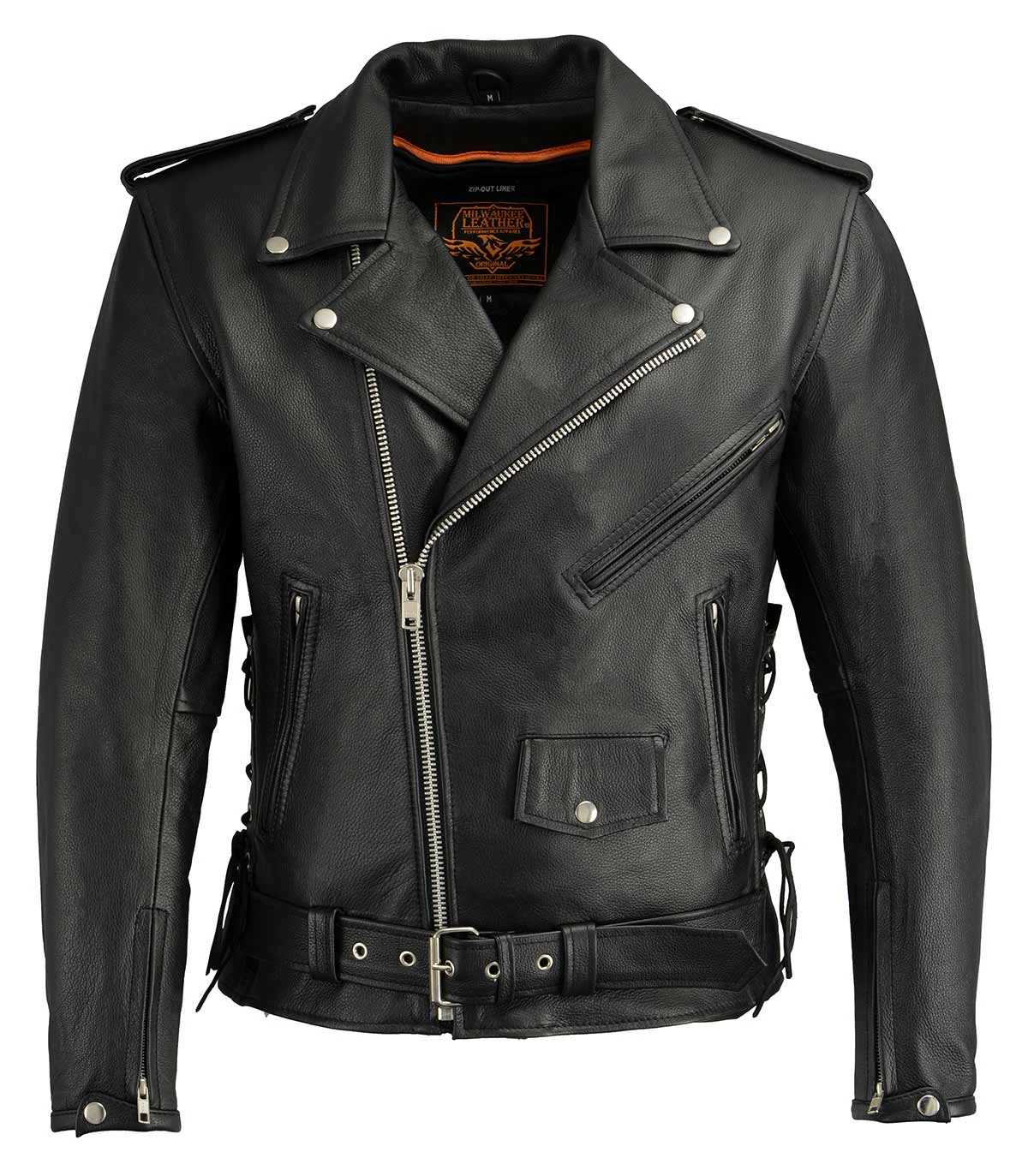 Leather Motorcycle Jackets Milwaukee Leather LKM1711TALL Men's Black Tall-Sizes Side Lace Police Style Leather Jacket
