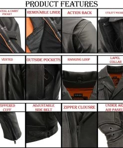 Milwaukee Leather LKM1720T Men's'Tall Sizes' Black Vented Leather Jacket With Utility Pockets