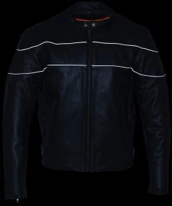Leather Motorcycle Jackets Milwaukee Leather LU1785 Men's'Reape' Black Leather Side Stretch Jacket With Reflective Piping