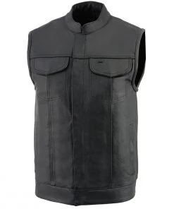 Milwaukee Leather LKM3710 Men's Black Club Style Leather Vest With Open Neck Motorcycle Vests