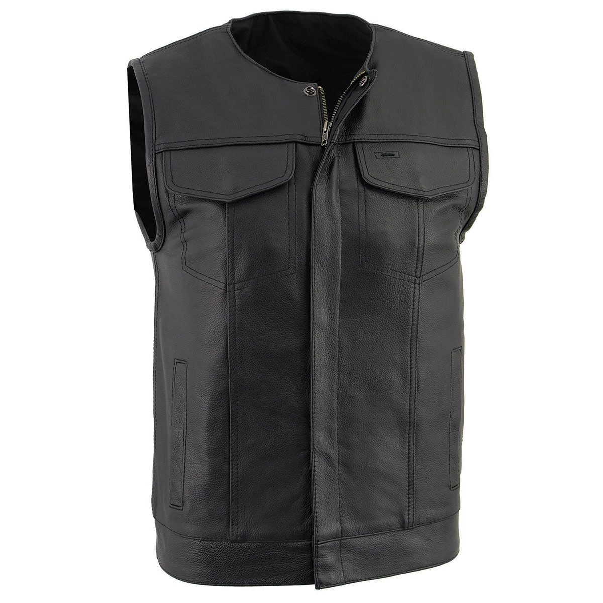 Milwaukee Leather LKM3711 Men's Collarless Dual Snap And Zipper Front Closure Club Leather Vest Motorcycle Vests