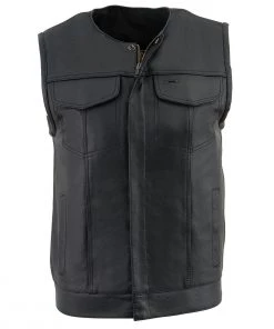Milwaukee Leather LKM3711 Men's Collarless Dual Snap And Zipper Front Closure Club Leather Vest Motorcycle Vests