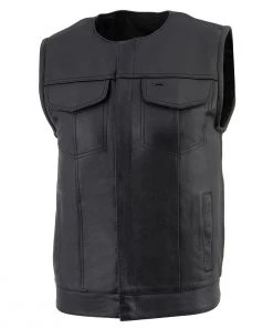 Milwaukee Leather LKM3711 Men's Collarless Dual Snap And Zipper Front Closure Club Leather Vest Motorcycle Vests