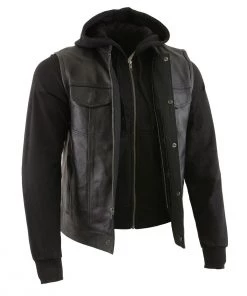 Milwaukee Leather LKM3714 Men's Black Leather Club Style Vest With Full Sleeve Hoodie And Quick Draw Pocket