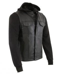 Milwaukee Leather LKM3714 Men's Black Leather Club Style Vest With Full Sleeve Hoodie And Quick Draw Pocket
