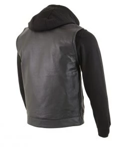 Milwaukee Leather LKM3714 Men's Black Leather Club Style Vest With Full Sleeve Hoodie And Quick Draw Pocket