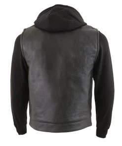Milwaukee Leather LKM3714 Men's Black Leather Club Style Vest With Full Sleeve Hoodie And Quick Draw Pocket
