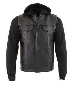 Milwaukee Leather LKM3714 Men's Black Leather Club Style Vest With Full Sleeve Hoodie And Quick Draw Pocket