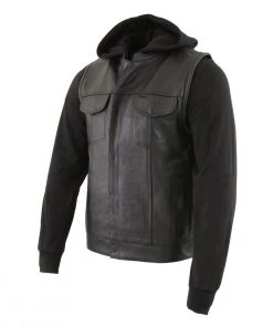 Milwaukee Leather LKM3714 Men's Black Leather Club Style Vest With Full Sleeve Hoodie And Quick Draw Pocket