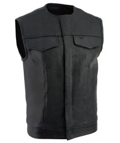 Z1R3721 Men’s ’338’ Black Collarless Motorcycle Leather Vest