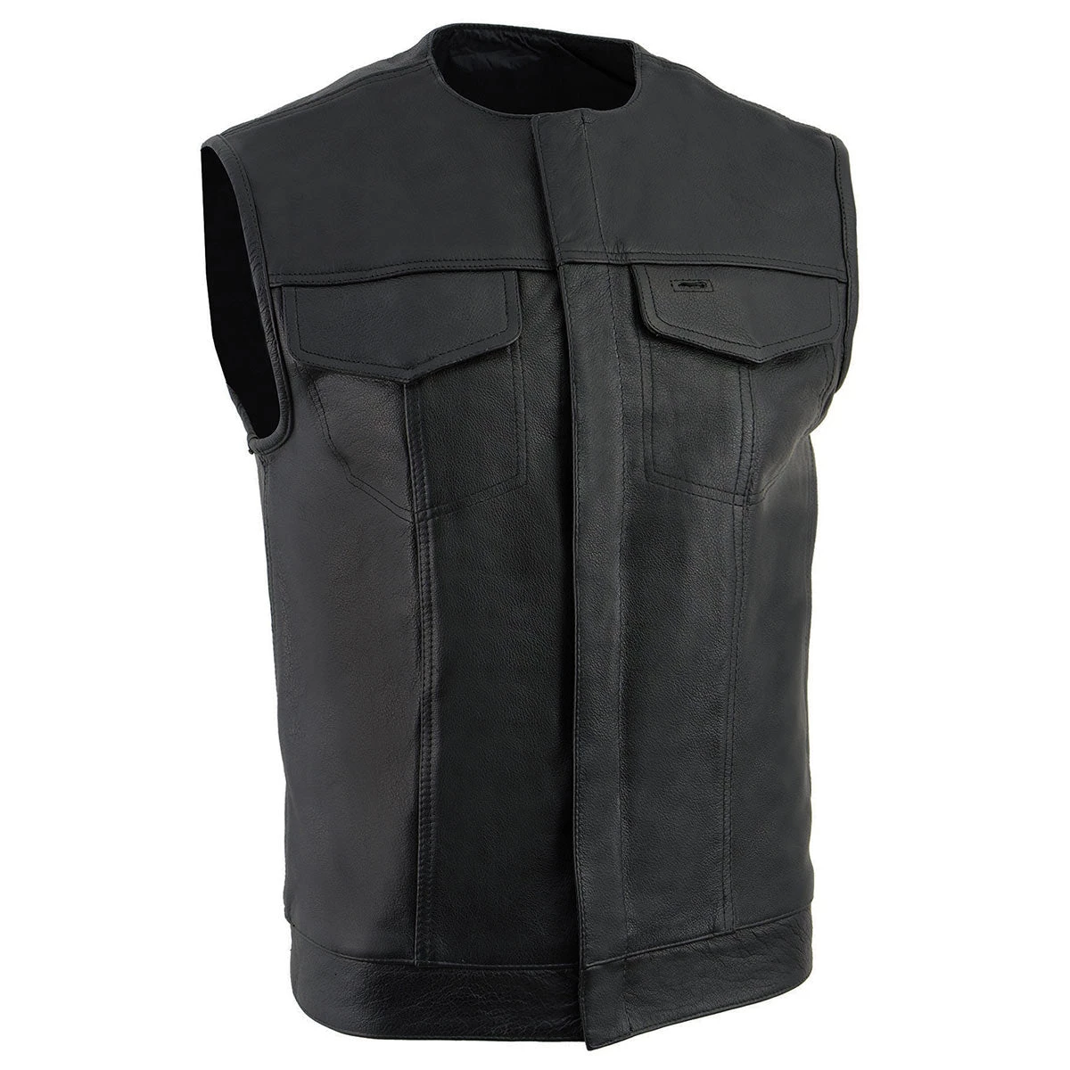 Milwaukee Leather LKM3721 Men's Black Leather Collarless Concealed Snap Closure Club Vest Motorcycle Vests