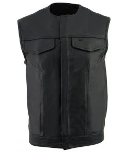 Z1R3721 Men’s ’338’ Black Collarless Motorcycle Leather Vest