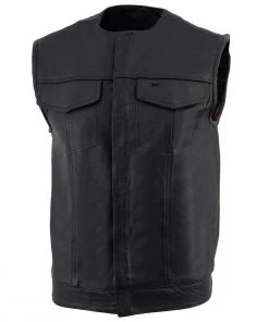 Milwaukee Leather LKM3721 Men's Black Leather Collarless Concealed Snap Closure Club Vest Motorcycle Vests
