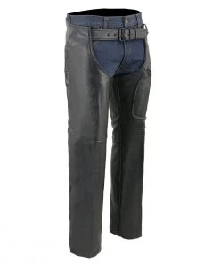 Milwaukee Leather LKM5780 Men's Black Leather 3 Pocket Chaps With Thigh Patch Pocket Motorcycle Pants & Chaps