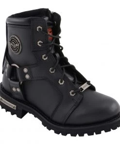 Riding Gear Milwaukee Leather MBL9302 Women's Black 8-Inch Lace-Up Harness Boots With Side Zipper Entry