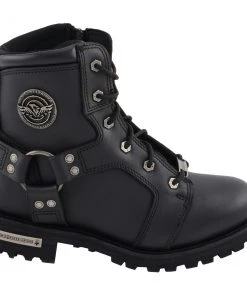 Riding Gear Milwaukee Leather MBL9302 Women's Black 8-Inch Lace-Up Harness Boots With Side Zipper Entry