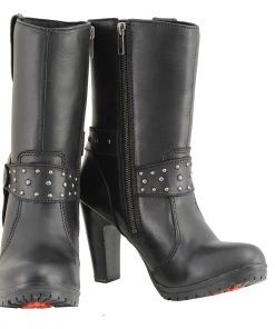 Milwaukee Leather MBL9303 Women's Black Leather Harness Boots With Block Heel Riding Gear