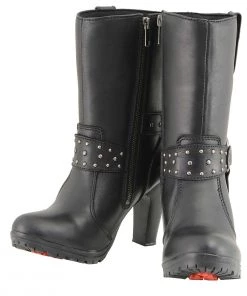 Milwaukee Leather MBL9303 Women's Black Leather Harness Boots With Block Heel Riding Gear