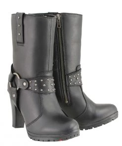 Milwaukee Leather MBL9303 Women's Black Leather Harness Boots With Block Heel Riding Gear
