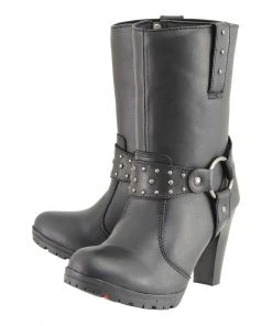 Milwaukee Leather MBL9303 Women's Black Leather Harness Boots With Block Heel Riding Gear