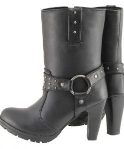 Milwaukee Leather MBL9303 Women's Black Leather Harness Boots With Block Heel Riding Gear