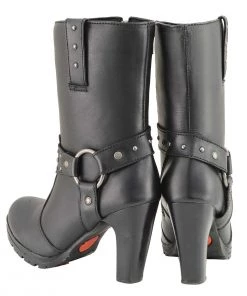 Milwaukee Leather MBL9303 Women's Black Leather Harness Boots With Block Heel Riding Gear