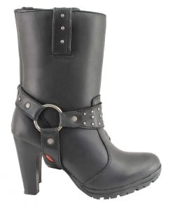 Milwaukee Leather MBL9303 Women's Black Leather Harness Boots With Block Heel Riding Gear