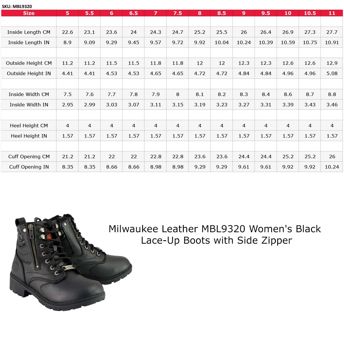 Riding Gear Milwaukee Leather MBL9320 Women's Black Lace-Up Moto Boots With Side Zipper