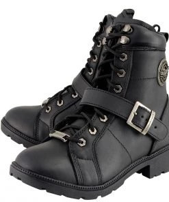 Milwaukee Leather MBL9325W Women's Wide Width Lace-Up Black Leather Boots With Zippers Riding Gear