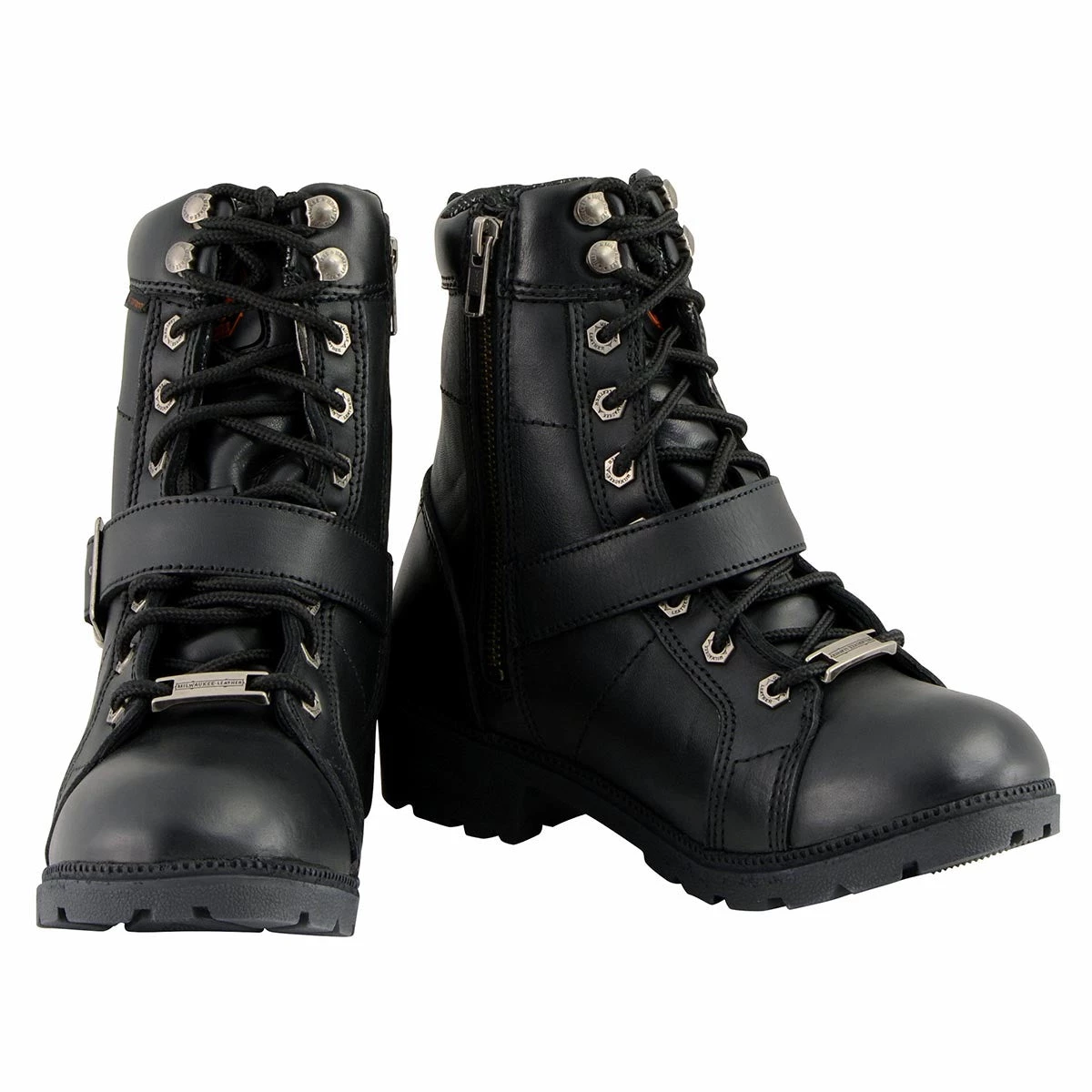 Milwaukee Leather MBL9326WP Women's Black Lace-Up Waterproof Leather Boots With Side Zippers Riding Gear